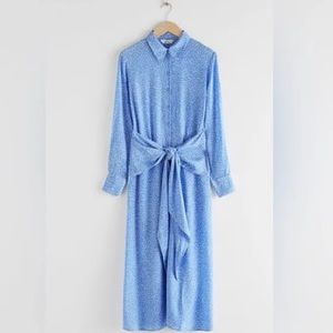 & Other Stories Blue Polka Dot Waist Tie Midi Dress